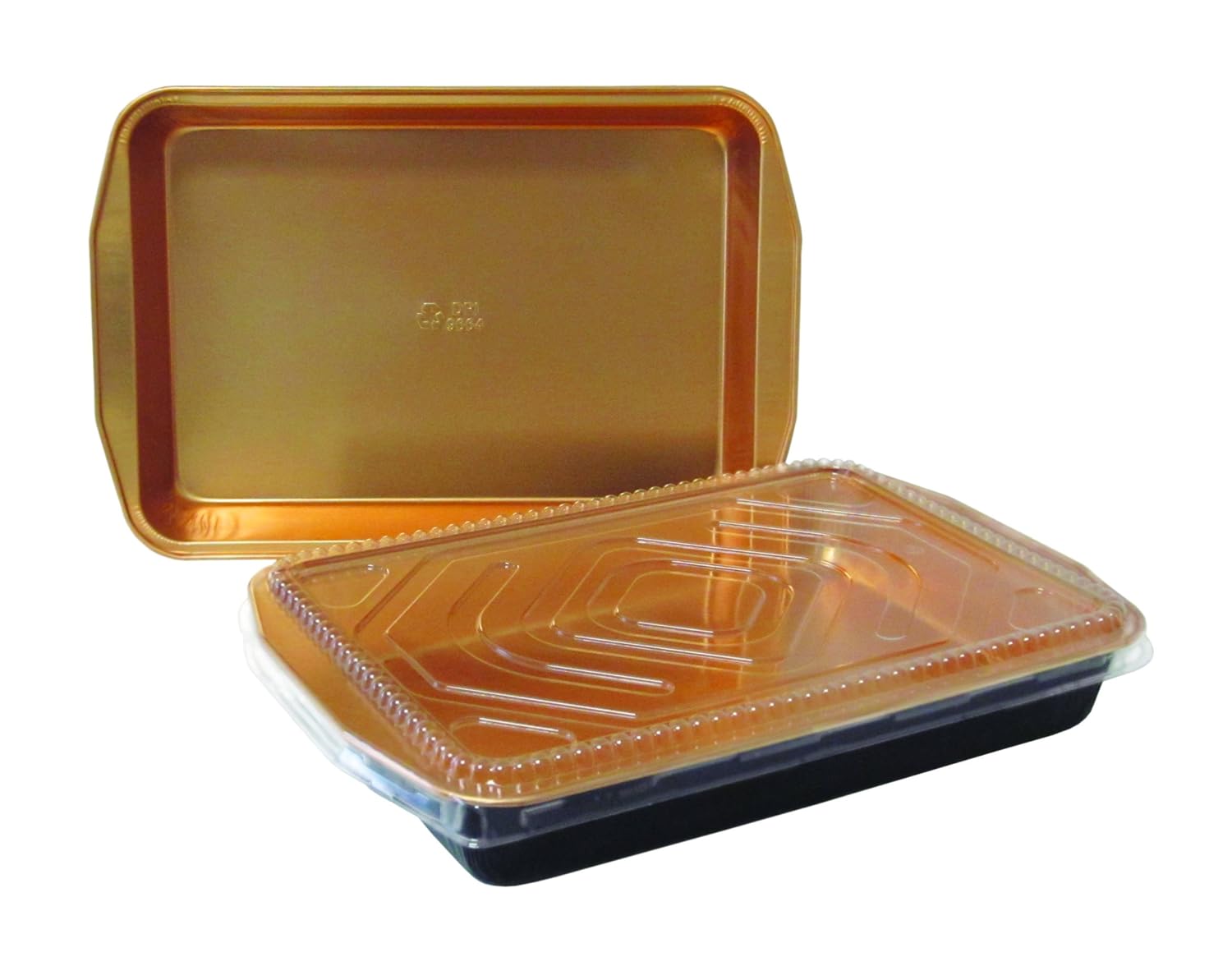 Extra-Large Rectangular Black and Gold Entrée Foil Pan w/Clear Dome Lid 5/PK