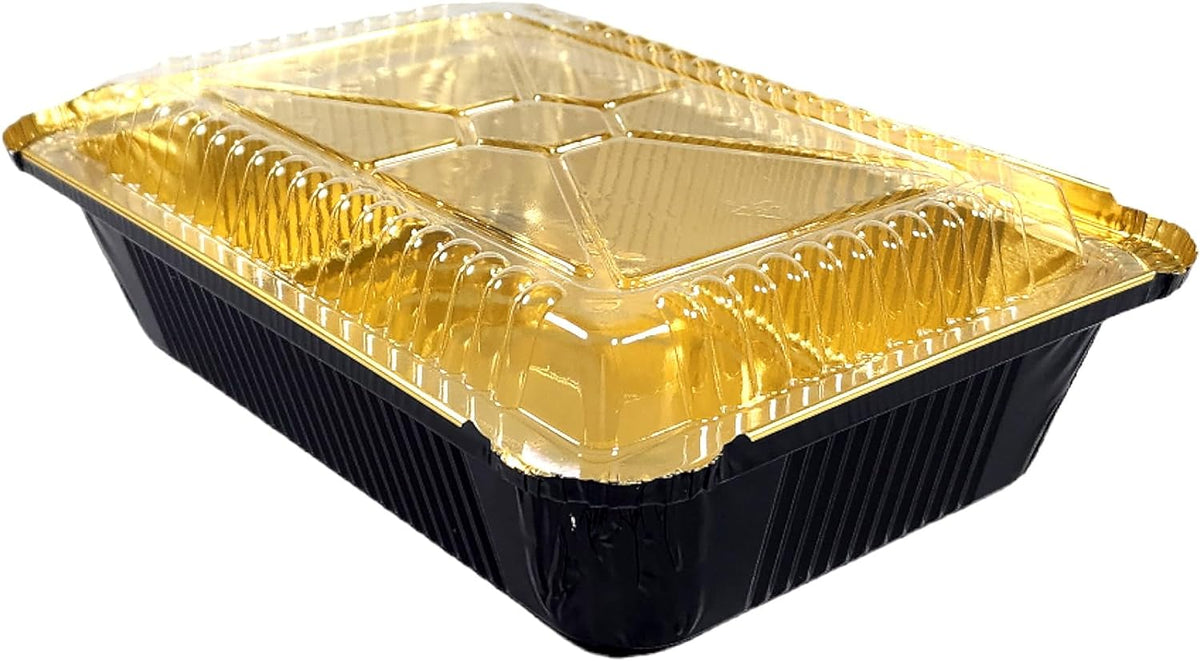1 lb. Mini Oblong Black and Gold Foil Pan w/Clear Dome Lid 100/CS