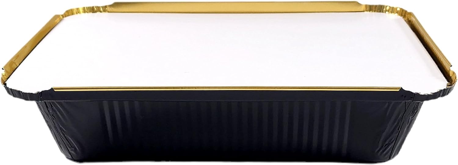 2 1/4 lb. Oblong Black & Gold Aluminum Foil Pans Take Out Heavy Duty Containers W/Board Lids 500/CS