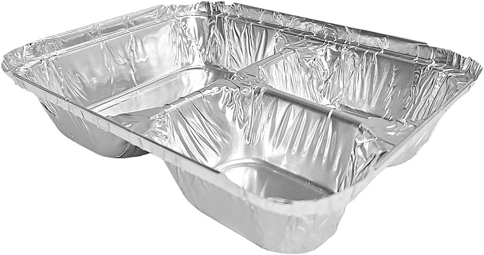 Durable Jumbo 3-Compartment Oblong TV Dinner Aluminum Foil Pan w/Lid 250/CS