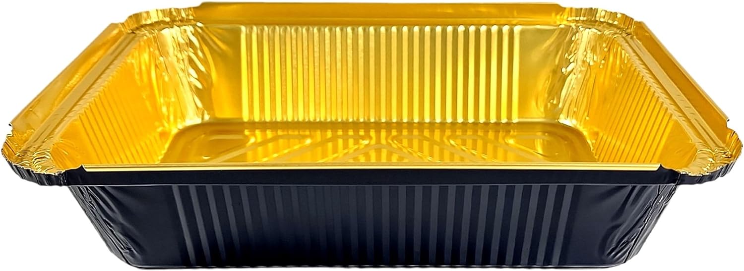 2 1/4 lb. Oblong Black & Gold Aluminum Foil Pans Take Out Heavy Duty Containers W/Clear Dome Lids 50/PK