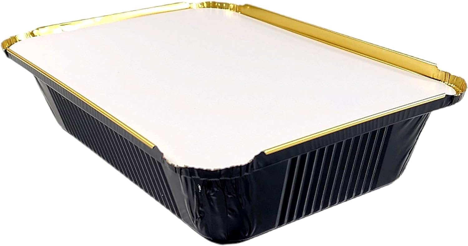 2 1/4 lb. Oblong Black & Gold Aluminum Foil Pans Take Out Heavy Duty Containers W/Board Lids 50/PK