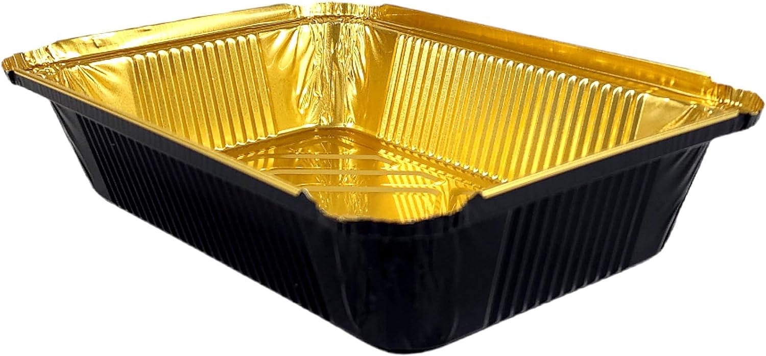 2 1/4 lb. Oblong Black & Gold Aluminum Foil Pans Take Out Heavy Duty  Containers W/Clear Dome Lids 500/CS