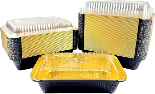 2 1/4 lb. Oblong Black & Gold Aluminum Foil Pans Take Out Heavy Duty Containers W/Clear Dome Lids 50/PK