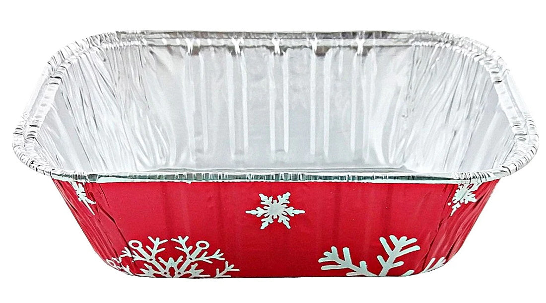 Pactogo 1 lb. Red Aluminum Foil Holiday Mini-Loaf Snowflake Pan With Clear Low Dome Lid 50/PK