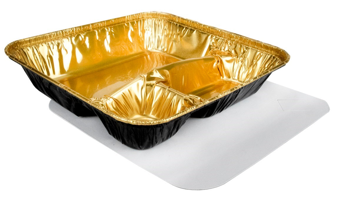 Durable Packaging Large 3-Compartment Black & Gold Oblong TV Dinner Aluminum Foil Pan w/Board Lid 50/CS