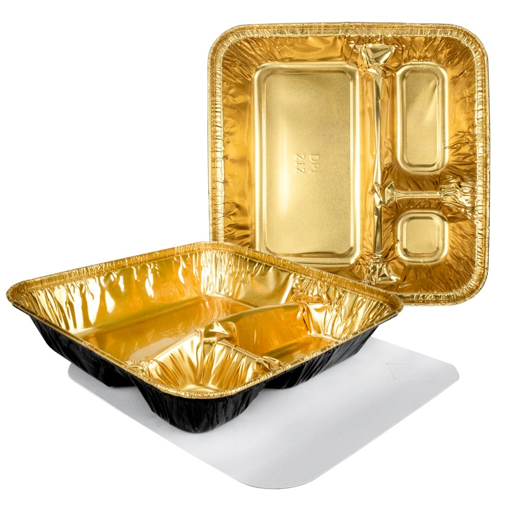 Durable Packaging Large 3-Compartment Black & Gold Oblong TV Dinner Aluminum Foil Pan w/Board Lid 250/CS
