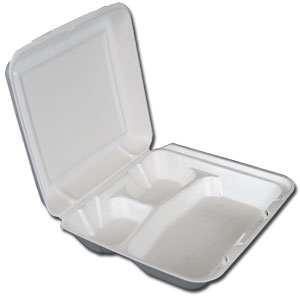 Hinged Container, 8 x 8, White, Foam, 3-Compartment, (200/Case