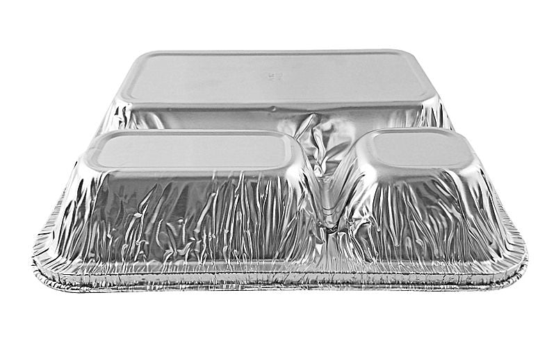 3-Compartment Oblong TV Dinner Aluminum Foil Pan w/Lid 50/PK –