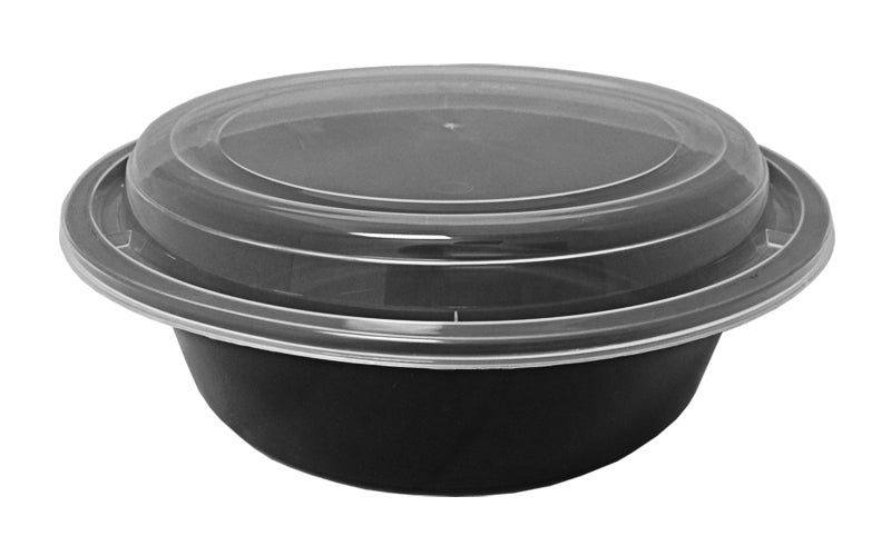 Round Black Plastic Food Takeout Containers with Clear Lids – 7in x 2in –  32oz – 150 per case