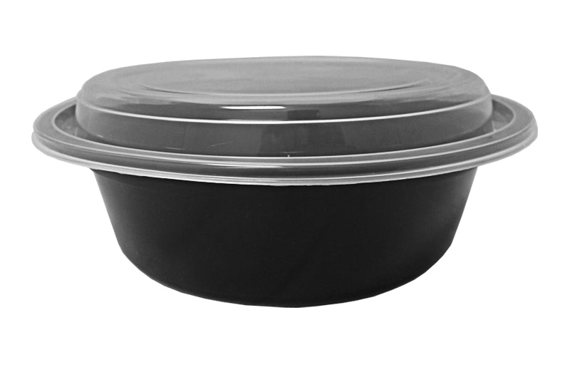 Round Black Plastic Food Takeout Containers with Clear Lids – 7in x 2in –  32oz – 150 per case