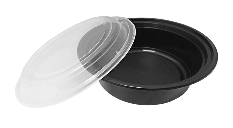 Round Black Plastic Food Takeout Containers with Clear Lids – 7in x 2in –  32oz – 150 per case