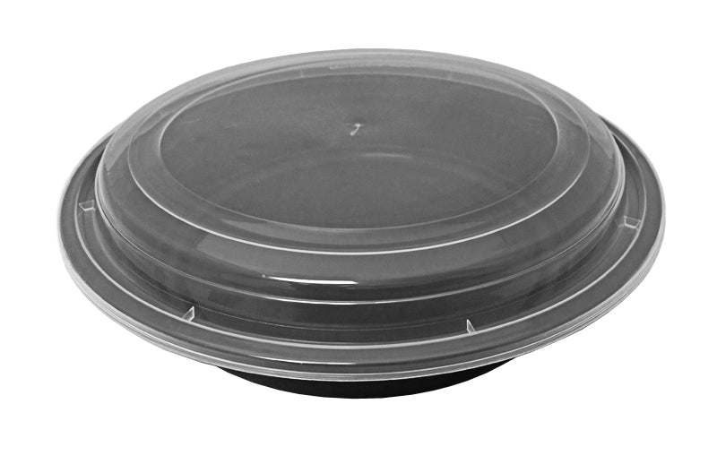 Choice 48 oz. Black Round Microwavable Heavy Weight Container with Lid 9 -  150/Case