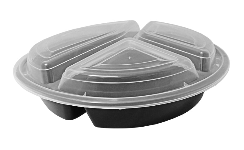 39 oz. Round Black 9 Container 3 Compartment w/Lid Combo 150/CS