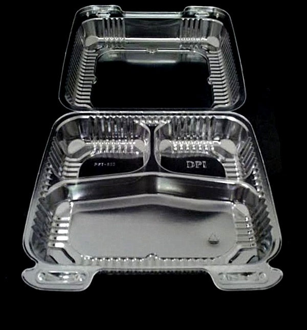 Choice 10 x 10 x 3 Microwaveable 3-Compartment Black / Clear Plastic  Hinged Container - 100/Case