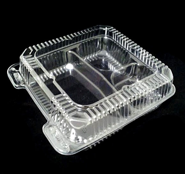 Choice 9 x 9 x 3 Microwaveable 3-Compartment Black / Clear Plastic  Hinged Container - 100/Case